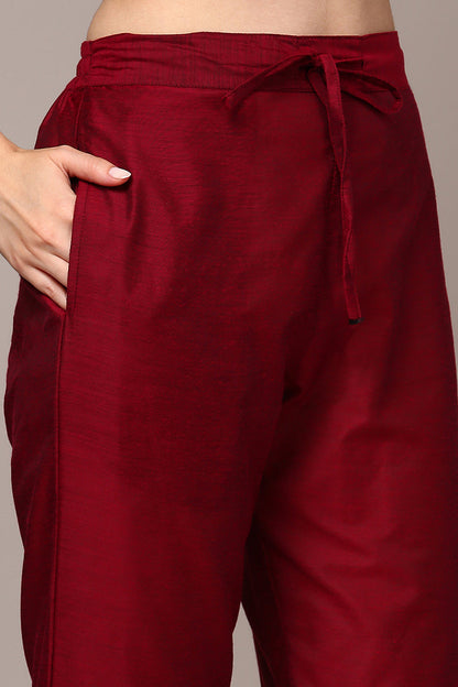 Women's Red Poly Chanderi Woven Design Straight Kurta Pant With Dupatta