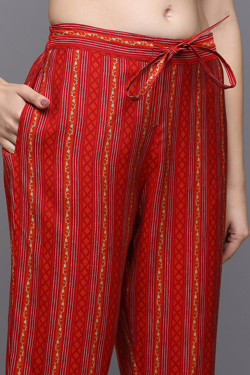 Women's Silk Blend Red Bandhej Straight Kurta Pant With Dupatta