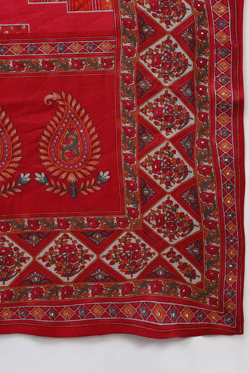 Women's Silk Blend Red Bandhej Straight Kurta Pant With Dupatta
