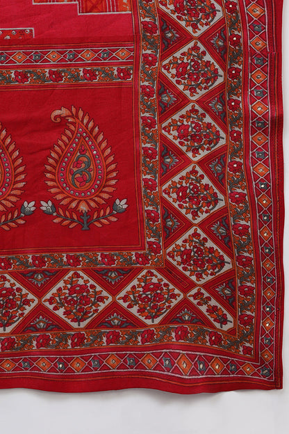 Women's Silk Blend Red Bandhej Straight Kurta Pant With Dupatta