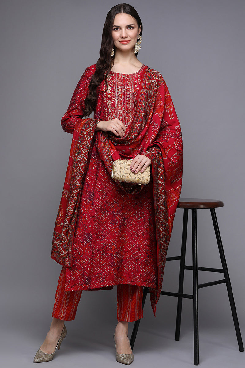Women's Silk Blend Red Bandhej Straight Kurta Pant With Dupatta