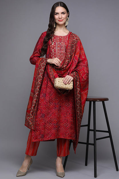 Women's Silk Blend Red Bandhej Straight Kurta Pant With Dupatta
