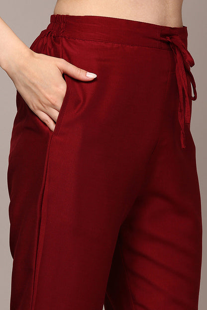 Women's Maroon Silk Blend Yoke Design Straight Kurta Pant With Dupatta
