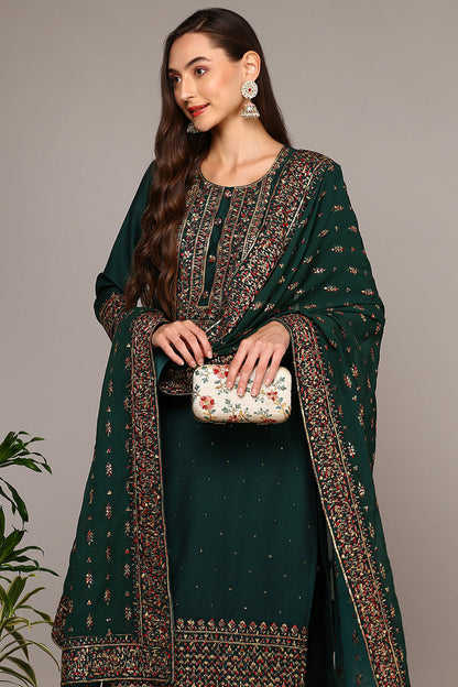 Women's Green Silk Blend Solid Straight Suit Set