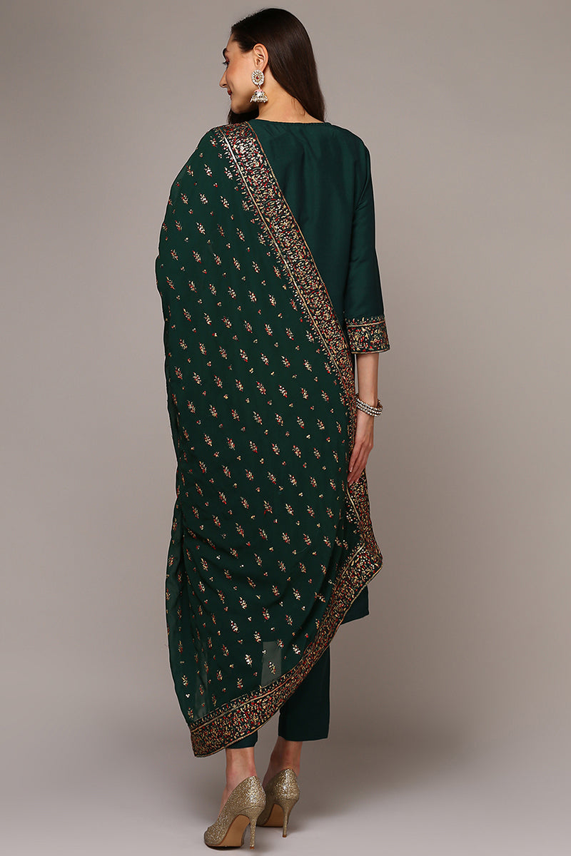 Women's Green Silk Blend Solid Straight Suit Set