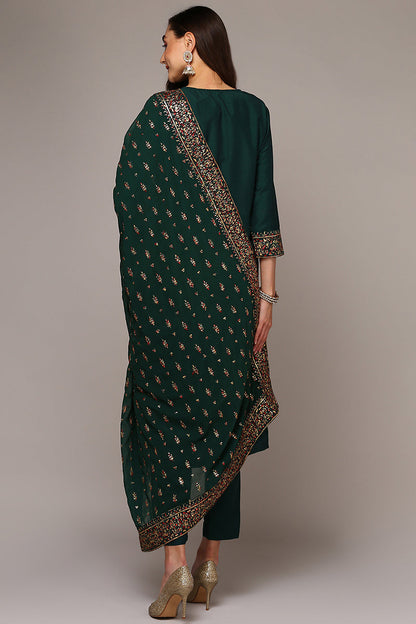 Women's Green Silk Blend Solid Straight Suit Set