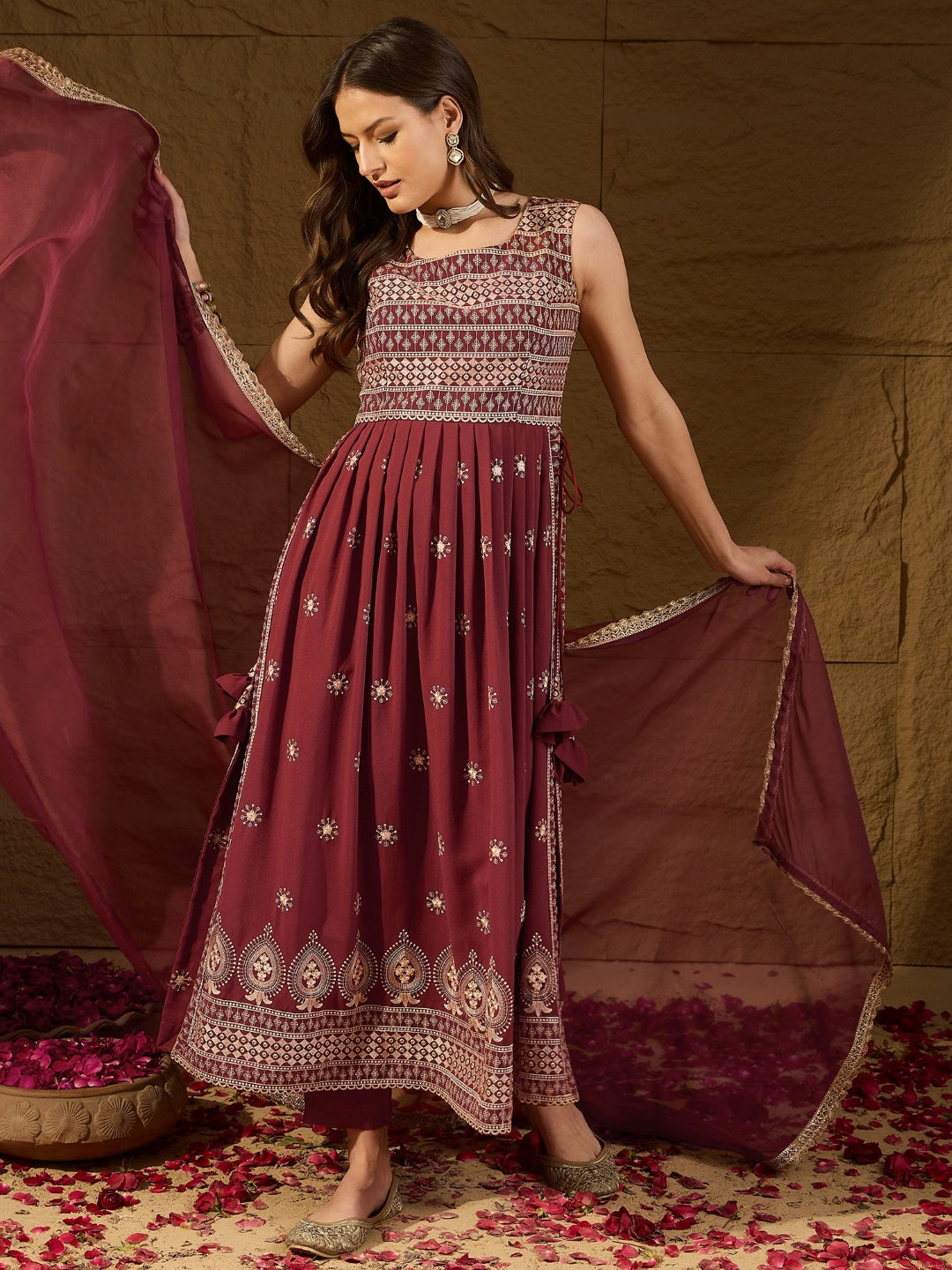 Women's Rust Poly Georgette Solid Embroidered Straight Kurta Pant With Dupatta