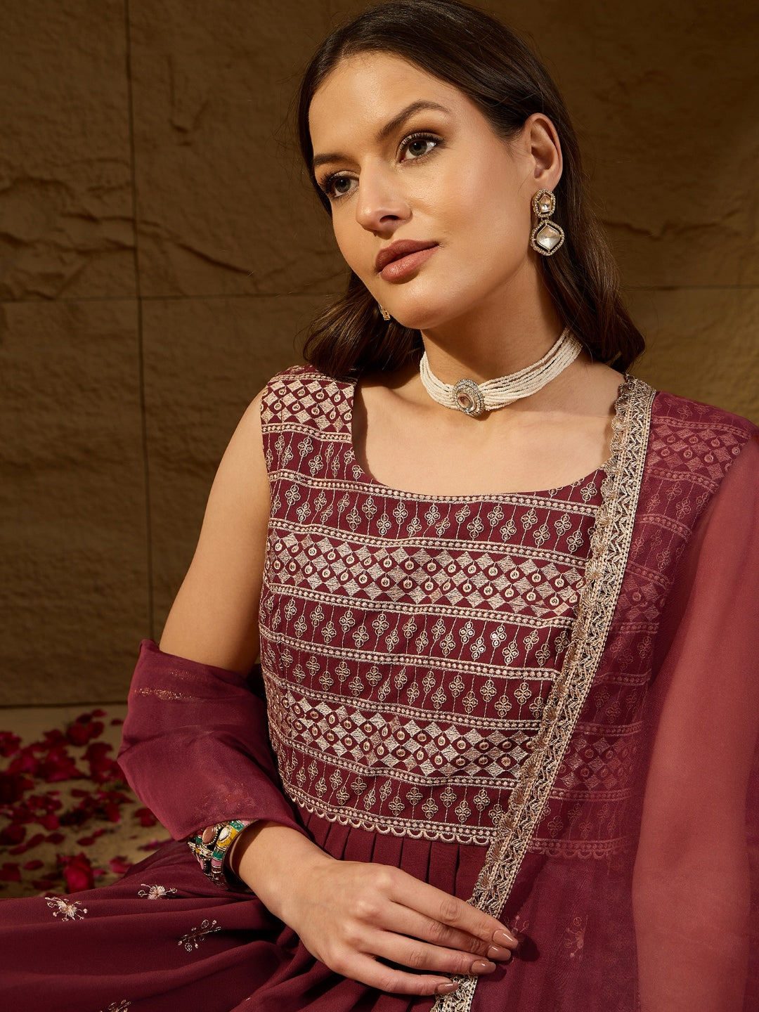 Women's Rust Poly Georgette Solid Embroidered Straight Kurta Pant With Dupatta