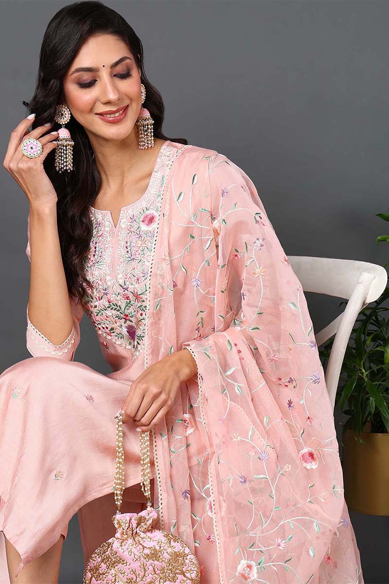 Women's Pink Silk Blend Solid Embroidered Kurta Pant With Dupatta