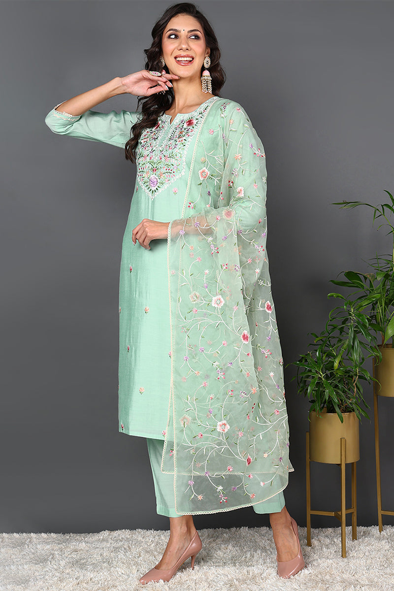 Women's Green Silk Blend Solid Embroidered Kurta Pant With Dupatta