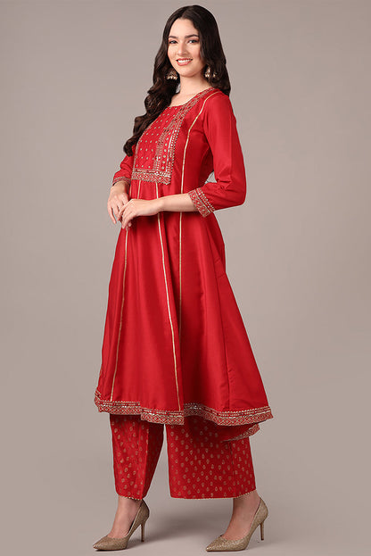 Women's Red Silk Blend Solid Yoke Design Zari Anarkali Kurta Palazzo With Dupatta