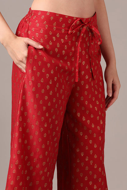 Women's Red Silk Blend Solid Yoke Design Zari Anarkali Kurta Palazzo With Dupatta