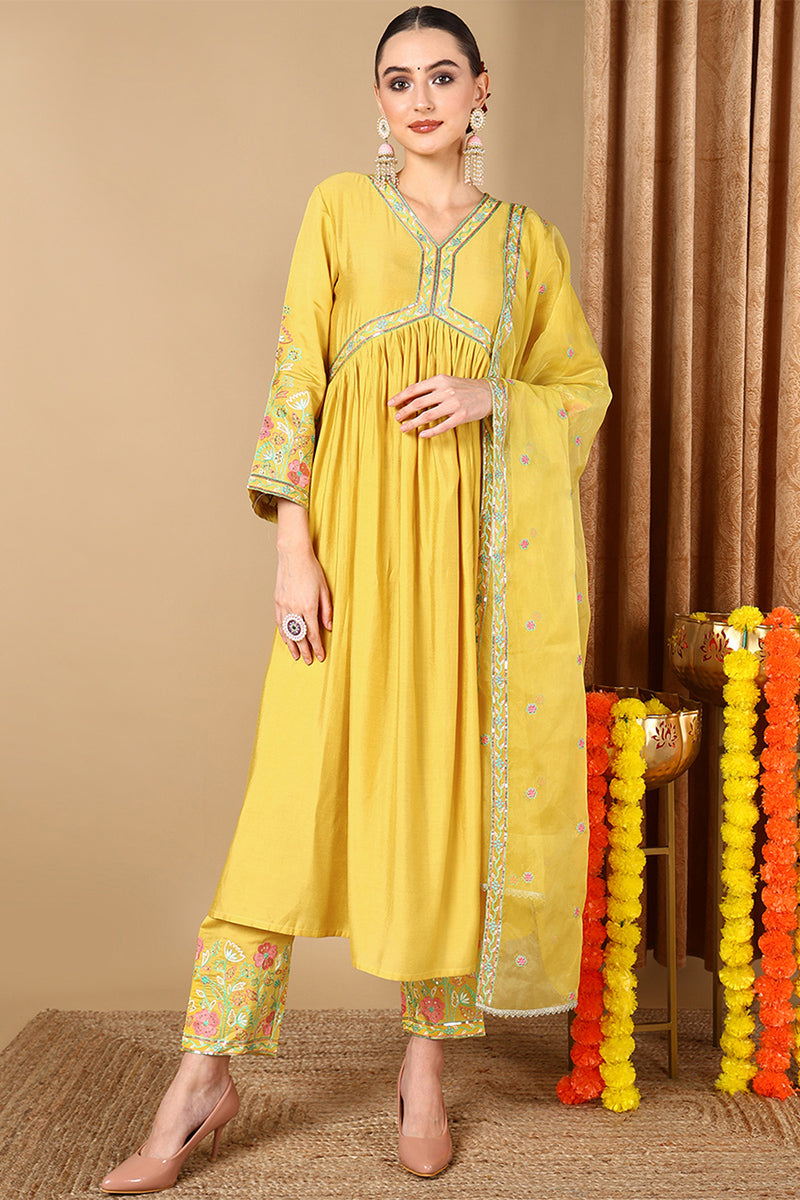 Women's Yellow Silk Blend Solid Embroidered Kurta Pant With Dupatta