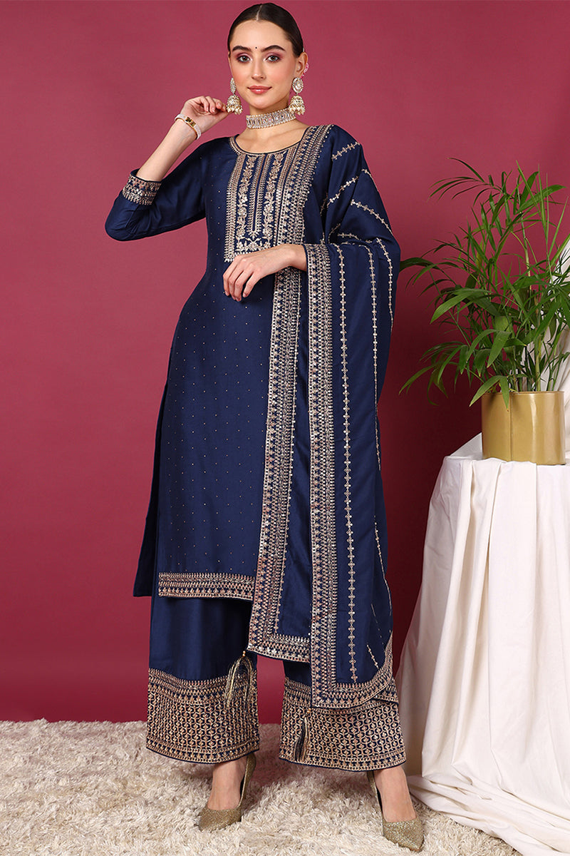 Women's Blue Silk Blend Solid Yoke Design Straight Kurta Palazzos With Dupatta