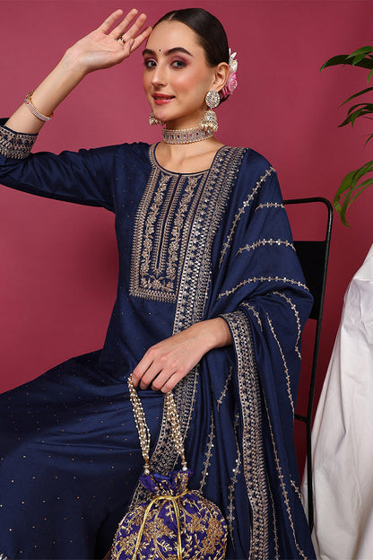 Women's Blue Silk Blend Solid Yoke Design Straight Kurta Palazzos With Dupatta