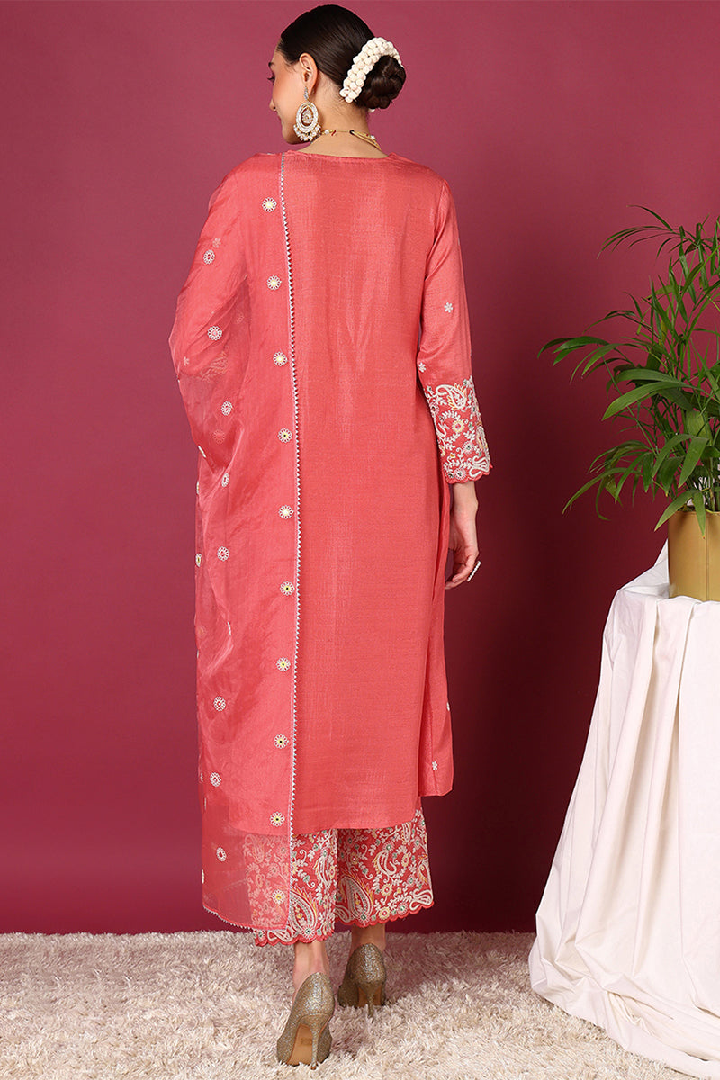 Women's Pink Silk Blend Solid Yoke Design Anarkali Kurta Palazzos With Dupatta