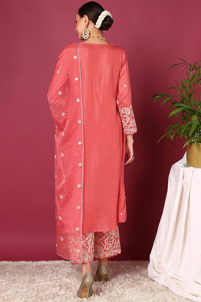 Women's Pink Silk Blend Solid Yoke Design Anarkali Kurta Palazzos With Dupatta