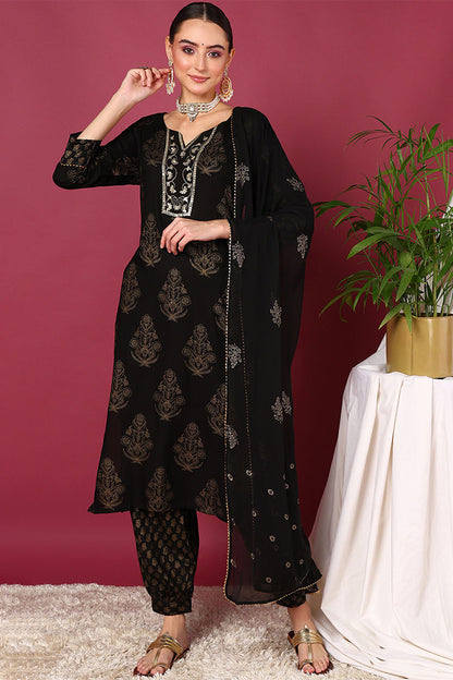 Women's Black Viscose Rayon Solid Woven Design Straight Kurta Salwar With Dupatta