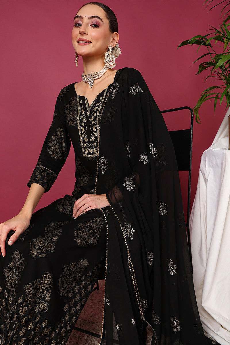 Women's Black Viscose Rayon Solid Woven Design Straight Kurta Salwar With Dupatta