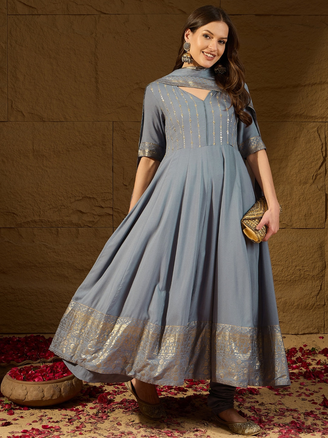 Women's Red Silk Blend Solid Woven Design Kurta Churidar With Dupatta