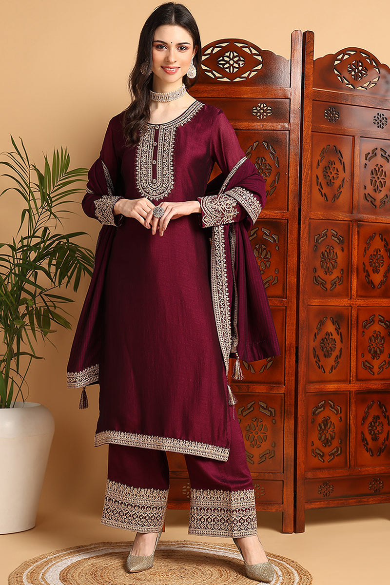 Women's Wine Silk Blend Embroidered Straight Kurta Palazzo Set With Dupatta
