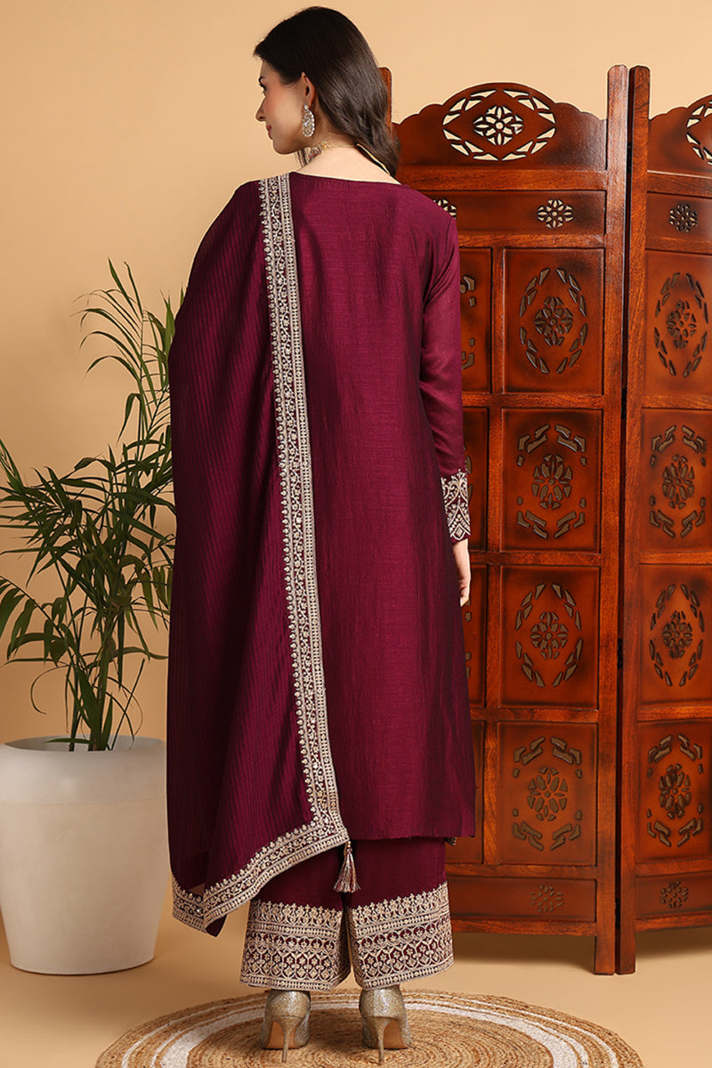 Women's Wine Silk Blend Embroidered Straight Kurta Palazzo Set With Dupatta