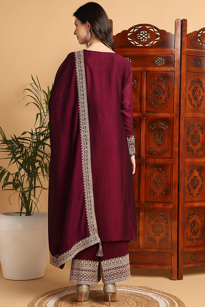 Women's Wine Silk Blend Embroidered Straight Kurta Palazzo Set With Dupatta
