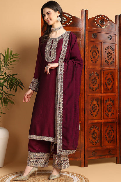 Women's Wine Silk Blend Embroidered Straight Kurta Palazzo Set With Dupatta