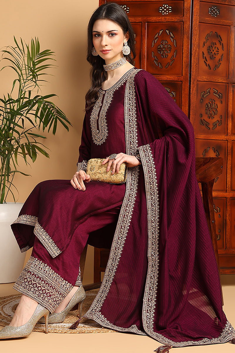 Women's Wine Silk Blend Embroidered Straight Kurta Palazzo Set With Dupatta