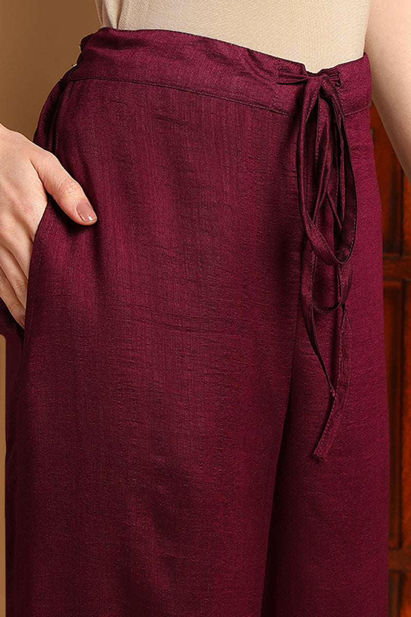 Women's Wine Silk Blend Embroidered Straight Kurta Palazzo Set With Dupatta