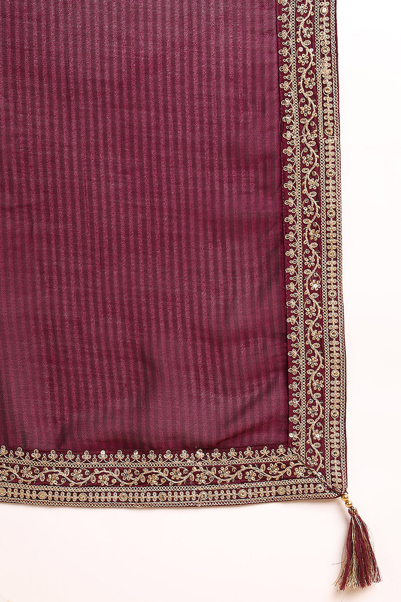 Women's Wine Silk Blend Embroidered Straight Kurta Palazzo Set With Dupatta