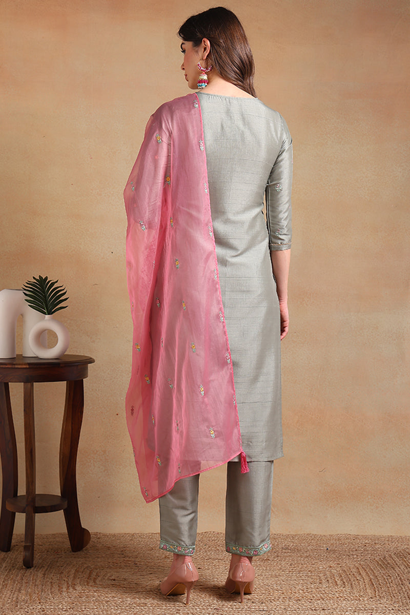 Women's Grey Silk Blend Embroidered Straight Kurta Pant Set With Dupatta