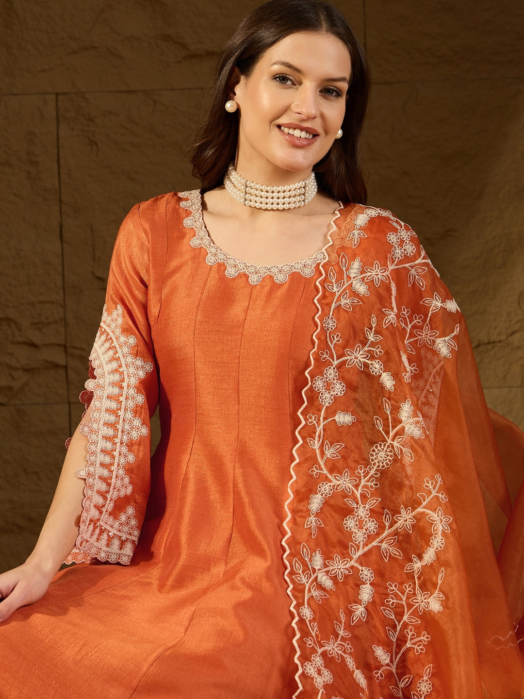 Women's Orange Silk Blend Embroidered Anarkali Kurta Pant Set With Dupatta