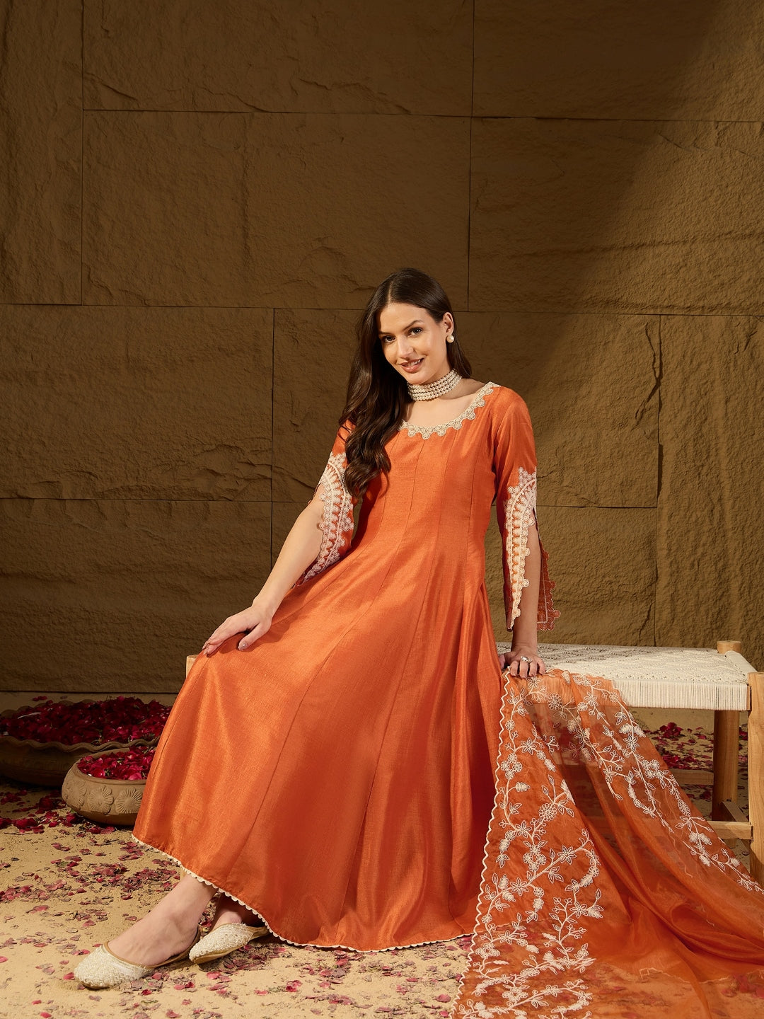 Women's Orange Silk Blend Embroidered Anarkali Kurta Pant Set With Dupatta