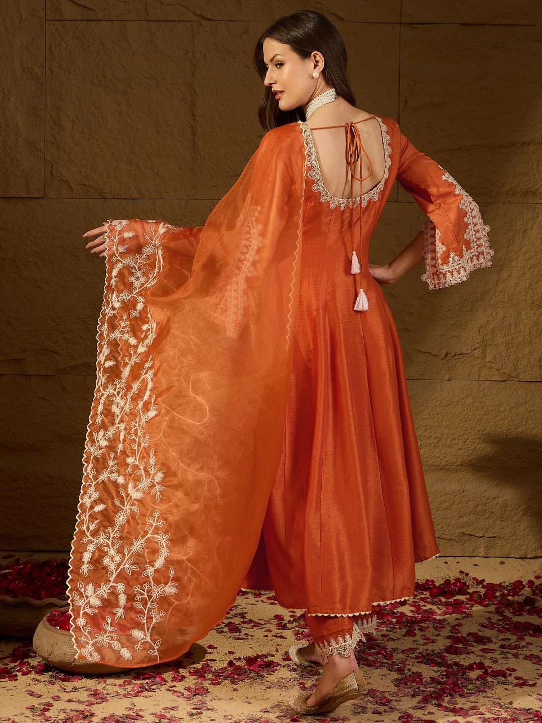 Women's Orange Silk Blend Embroidered Anarkali Kurta Pant Set With Dupatta