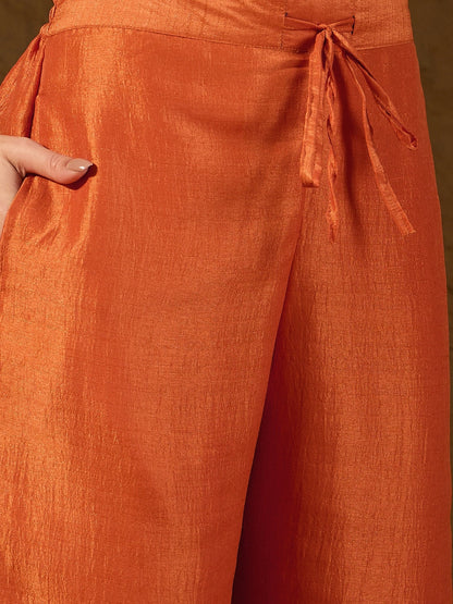 Women's Orange Silk Blend Embroidered Anarkali Kurta Pant Set With Dupatta