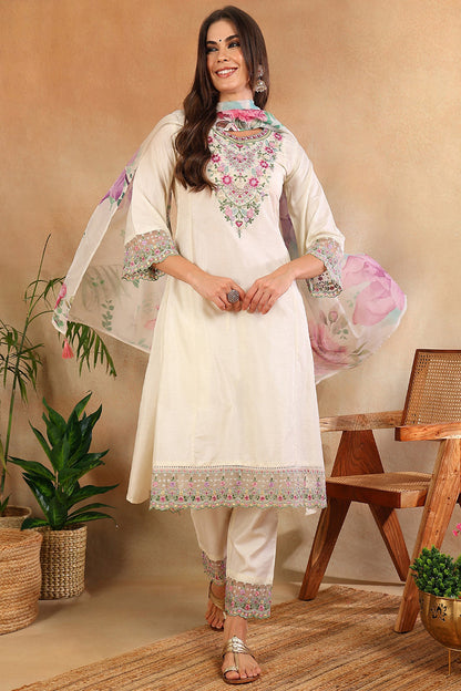 Women's Off White Silk Blend Solid Embroidered Straight Kurta Trouser With Dupatta
