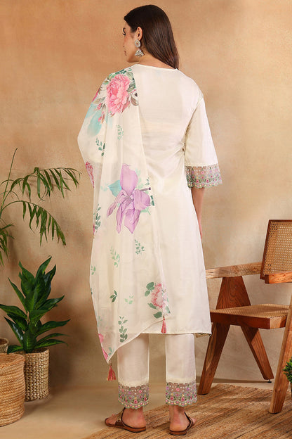 Women's Off White Silk Blend Solid Embroidered Straight Kurta Trouser With Dupatta