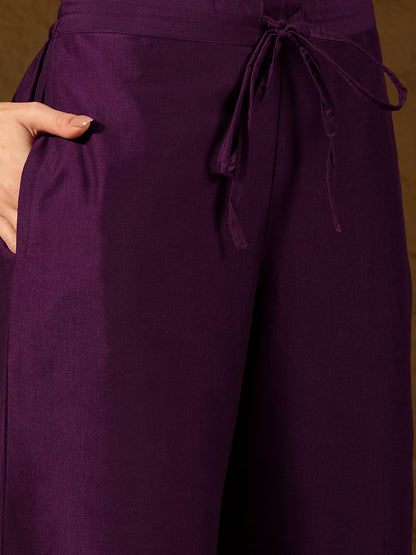 Women's Purple Silk Blend Yoke Design Zari Straight Kurta Palazzo With Dupatta