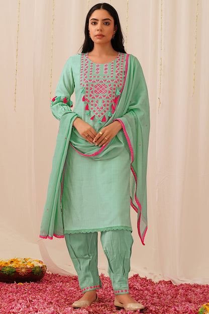 Women's Sea Green Viscose Rayon Solid Embroidered Straight Kurta Salwar With Dupatta