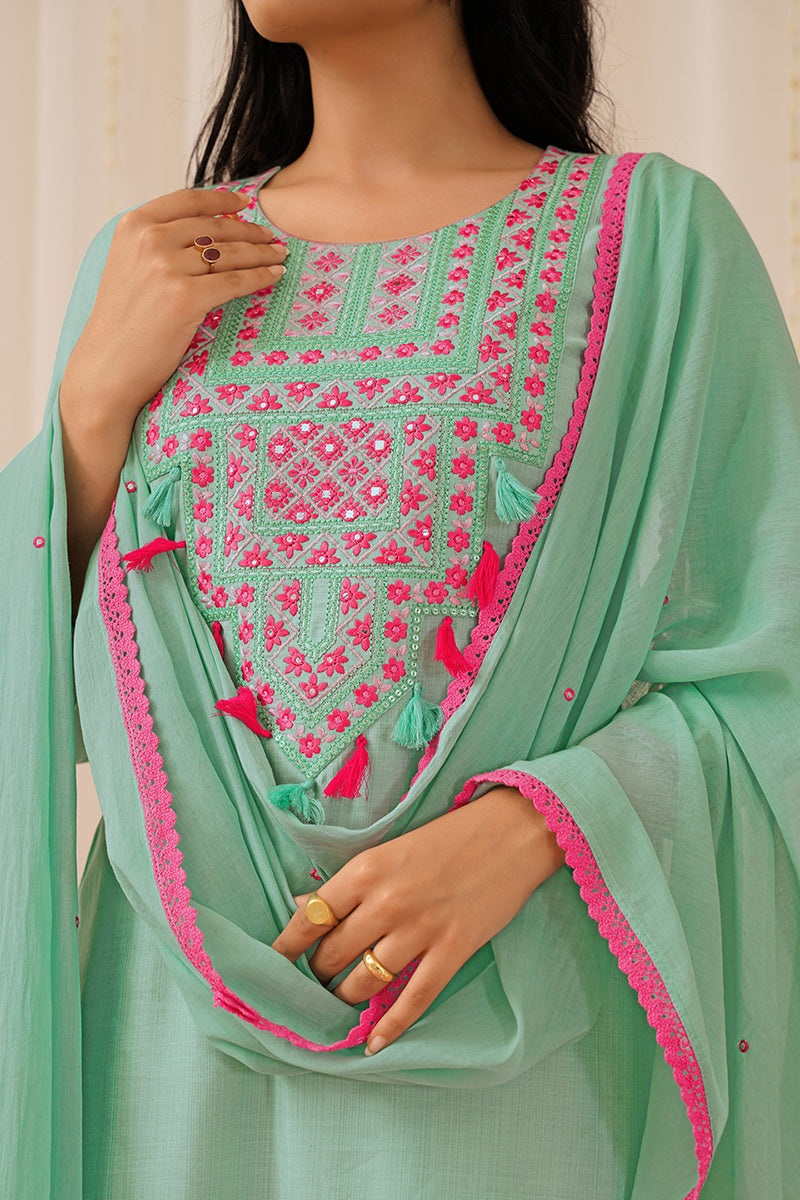Women's Sea Green Viscose Rayon Solid Embroidered Straight Kurta Salwar With Dupatta