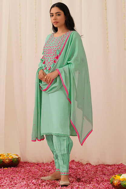 Women's Sea Green Viscose Rayon Solid Embroidered Straight Kurta Salwar With Dupatta