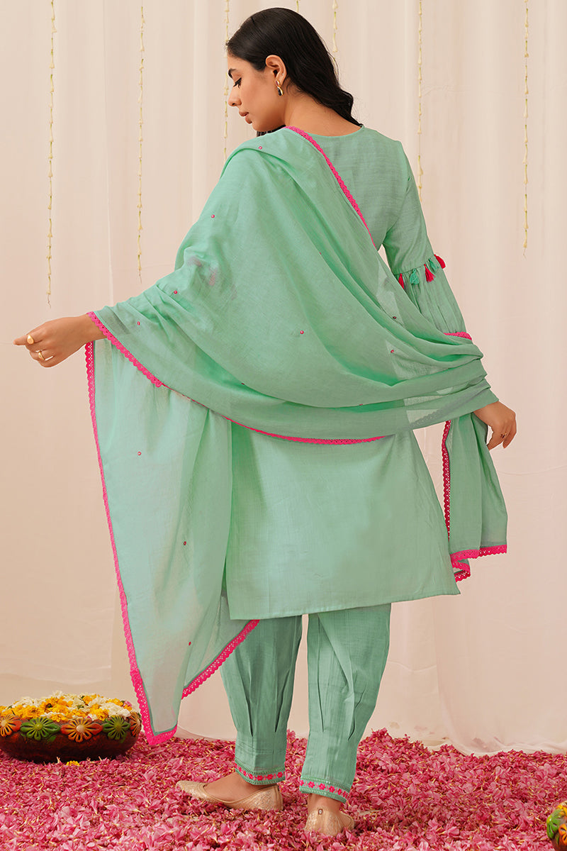 Women's Sea Green Viscose Rayon Solid Embroidered Straight Kurta Salwar With Dupatta
