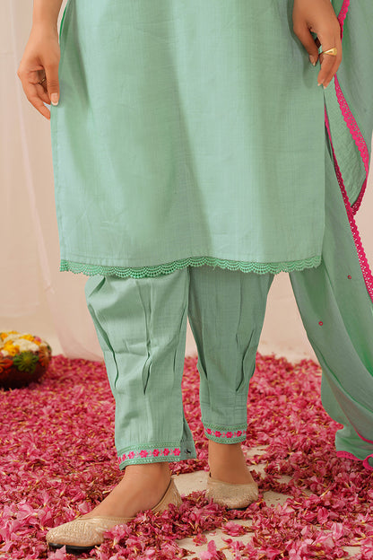 Women's Sea Green Viscose Rayon Solid Embroidered Straight Kurta Salwar With Dupatta