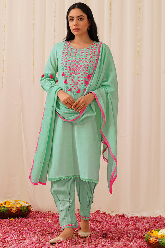 Women's Sea Green Viscose Rayon Solid Embroidered Straight Kurta Salwar With Dupatta