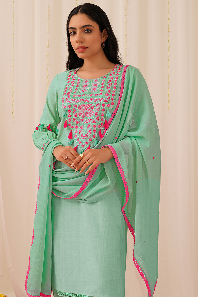 Women's Sea Green Viscose Rayon Solid Embroidered Straight Kurta Salwar With Dupatta