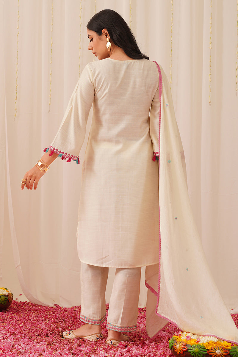 Women's Off White Viscose Rayon Solid Embroidered Straight Kurta Trouser With Dupatta