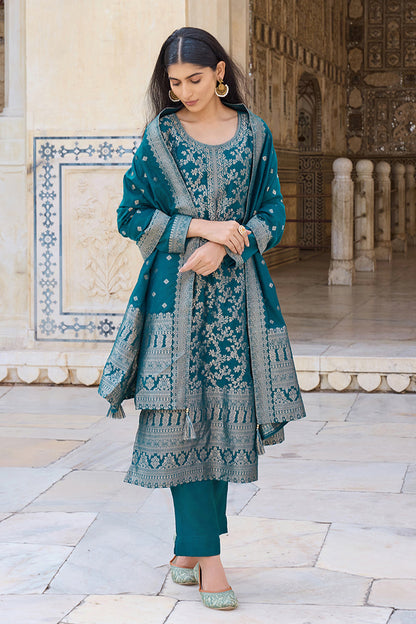 Women's Teal Poly Chanderi Solid Woven Design Straight Kurta Trouser With Dupatta