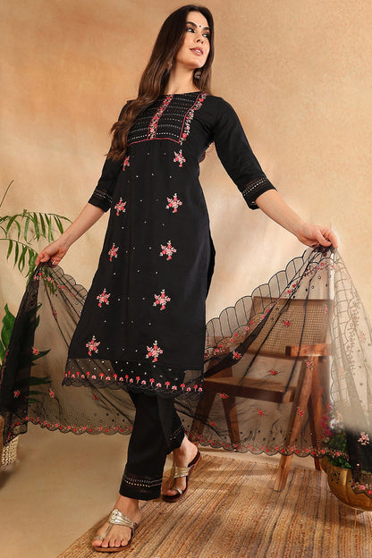 Women's Black Silk Blend Solid Embroidered Straight Kurta Trouser With Dupatta