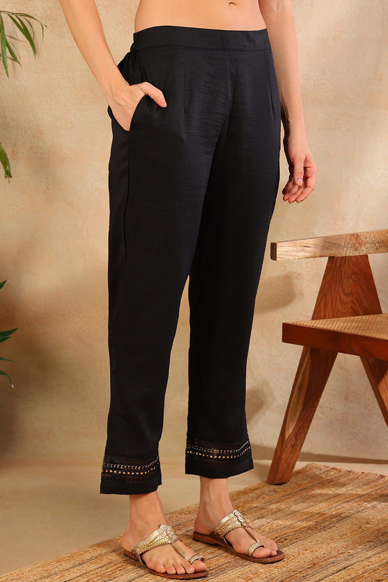 Women's Black Silk Blend Solid Embroidered Straight Kurta Trouser With Dupatta